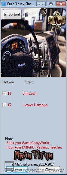 Скачать трейнер для Euro Truck Simulator 2 1.9.22 (2 функции)