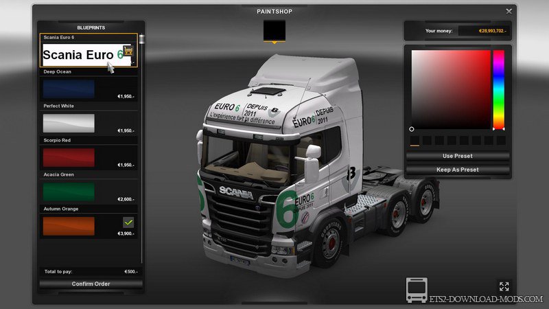 Скачать мод на грузовик Scania Euro 6 V8 для Euro Truck Simulator 2 1.11.1 (ETS 2) + Трейлер