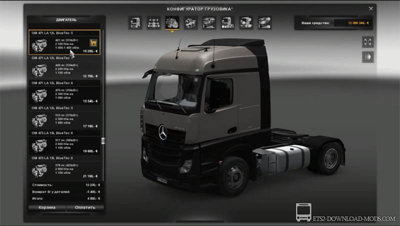 Скачать мод на грузовик Mercedes Actros MP4 4X2 v2.0 для Euro Truck Simulator 2 1.12.1 (ETS 2, С грузом по Европе 3)