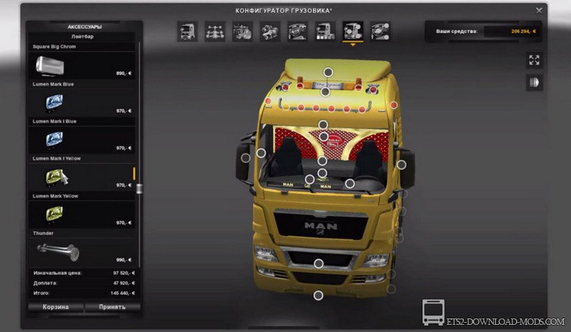 Скачать мод на тюнинг грузовика MAN TGX для Euro Truck Simulator 2 1.12.1