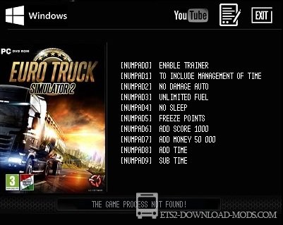 Трейнер (+10 функций) для Euro Truck Simulator 2 1.25.1.2s (чит коды для ETS 2 1.25.1.2s)